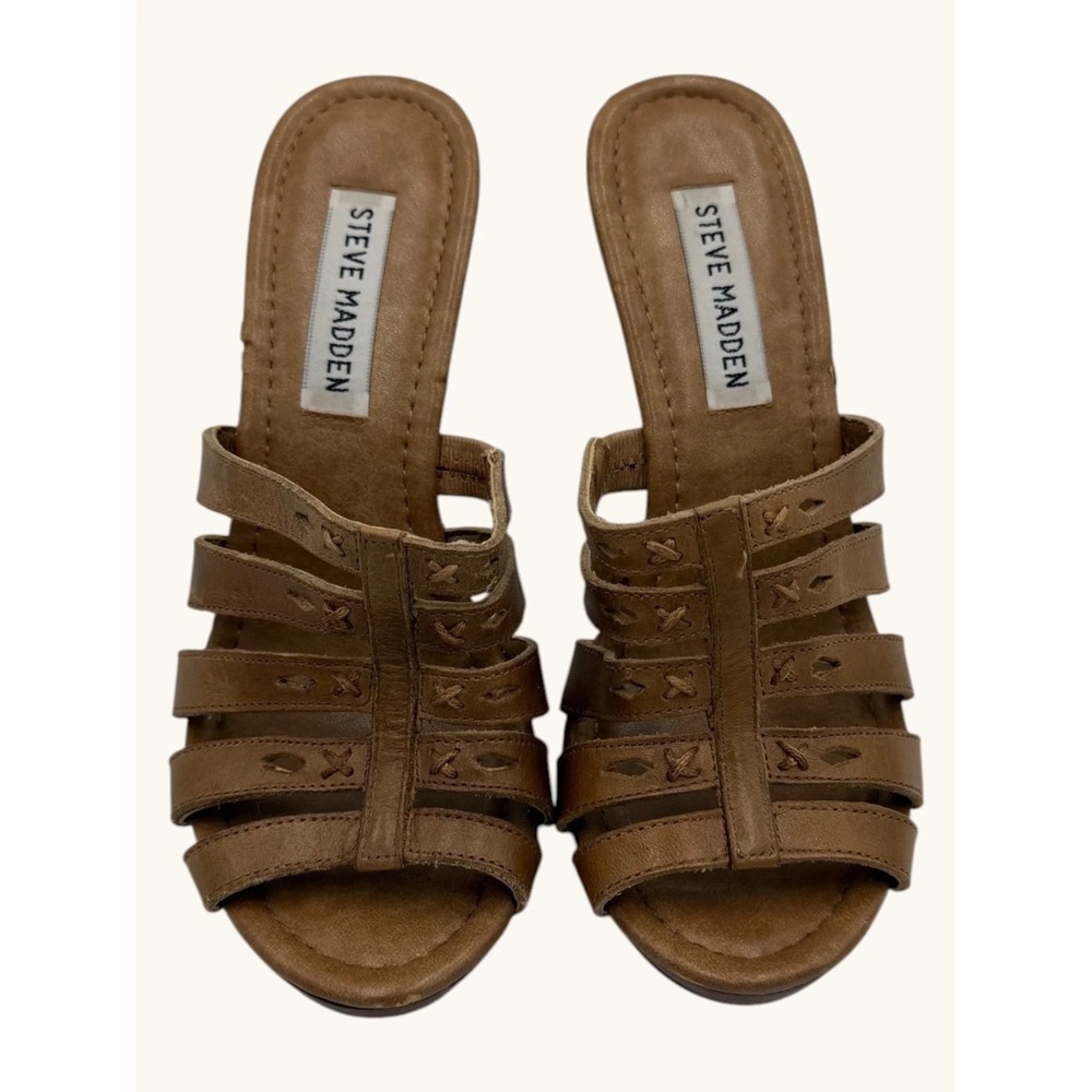 Steve Madden WOVENN Tan Brown Leather Platform Slide Sandals Mules Womens 6M